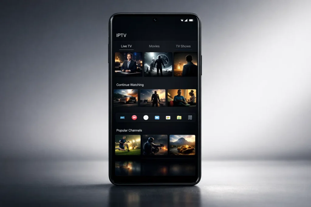 Beste IPTV Apps Android 2026 auf modernem Smartphone mit dunkler Benutzeroberfläche
