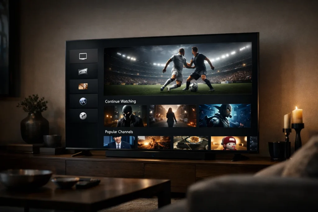 IPTV Deutschland 2026 auf modernem Smart TV mit hochwertiger Streaming Oberfläche