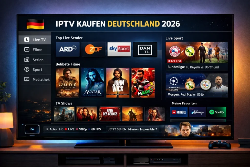 IPTV kaufen Deutschland 2026 auf modernem Smart TV mit stabiler Streaming Oberfläche