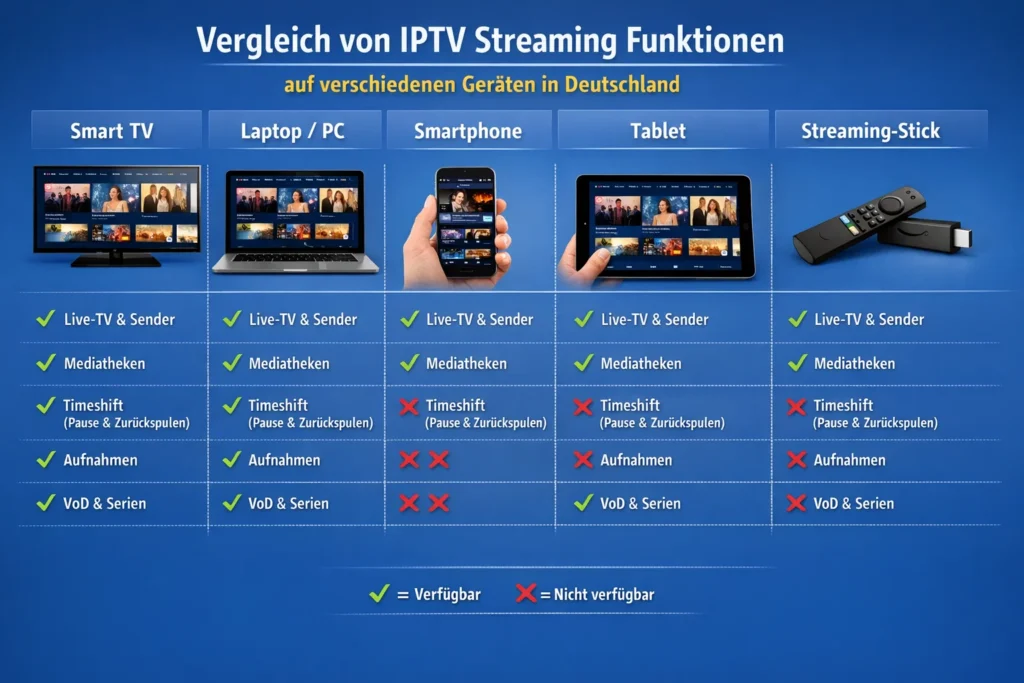 Vergleich von IPTV Streaming Funktionen auf verschiedenen Geräten in Deutschland