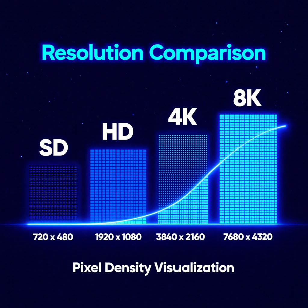 IPTV German 8K resolution comparison between HD, 4K and 8K showing pixel density improvement infographic
