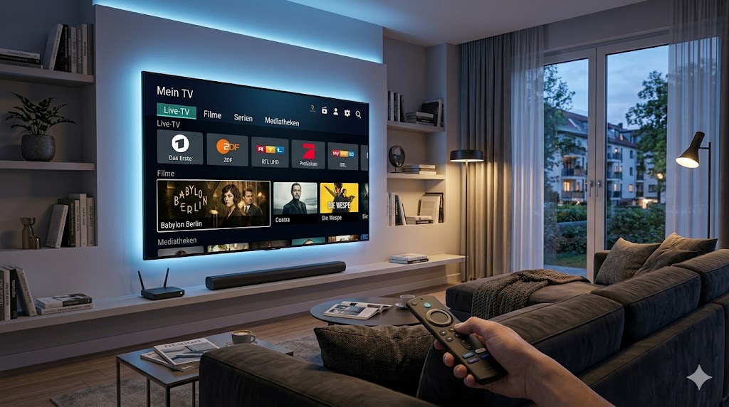 Bestes IPTV auf modernem Smart TV mit hochwertiger Streaming-Oberfläche im Wohnzimmer