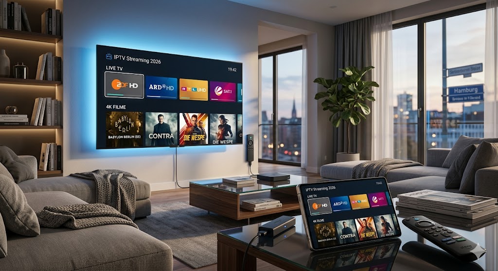 IPTV Streaming 2026 auf modernem Smart TV mit Fire TV Stick und Smartphone im Wohnzimmer